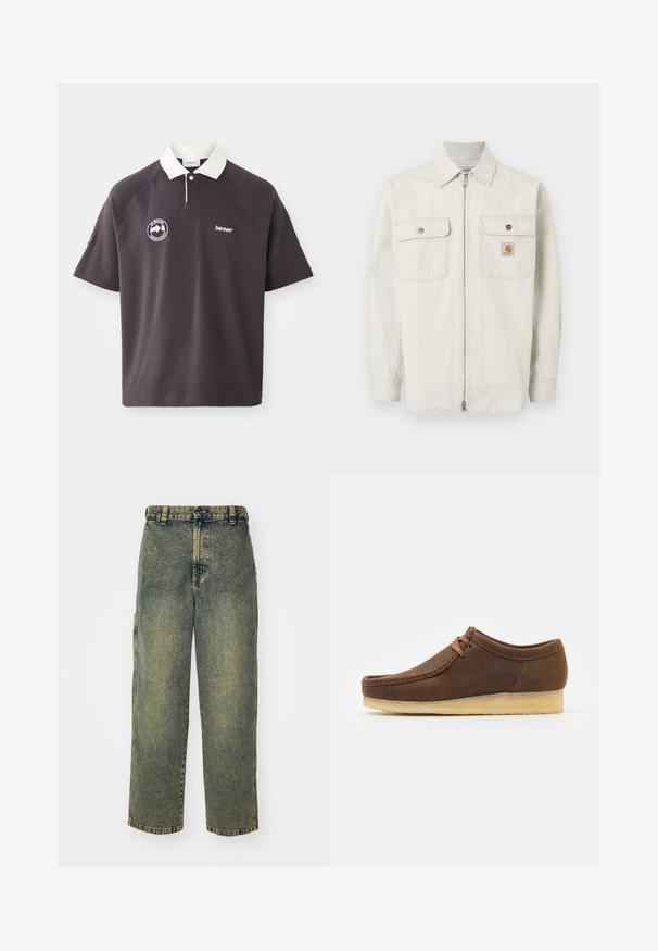 Lysebeige jakke med lynlås og diskrete lodrette striber, to brystlommer med knaplukning og et lille Carhartt-logo på den højre lomme.; Mørkegrå polo shirt med hvid krave, broderet logo på brystet og korte raglanærmer. Fremstillet af blødt materiale.; Slidse denim jeans i en falmet blå og grøn vask. Har en knaplukning, bælteløkker og sidelommer. Flad front og lige ben-design.; Brune lædersko med rund tå, lav profil, tanfarvede snørebånd og en lys gummisål. Glat tekstur med minimal syning.
