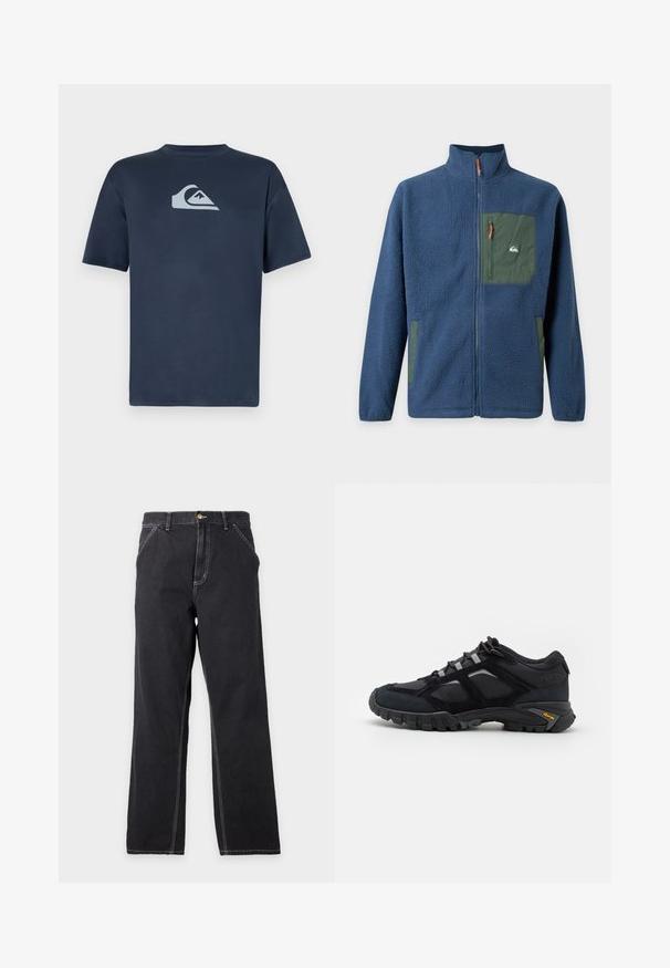 Blauwe fleecejas met een volledige rits aan de voorkant, hoge kraag, groene borstzak met rits en groene zijzakken.; Marineblauwe katoenen T-shirt met korte mouwen, met een lichtgrijs logo op de borst. Glad textuur, ronde halsontwerp en reguliere pasvorm.; Zwarte jeans met rechte pijpen, voorzakken, riemlussen en zichtbare witte stiksels op een effen lichtgrijze achtergrond.; Zwarte buitenschoen van suede en mesh met een robuuste zool. Voorzien van grijze accenten en Vibram-logo op de zijkant. Vetersluiting.