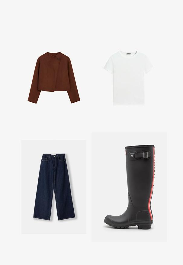 Bruine cropped jas met lange mouwen en een hoge kraag, gesloten met een enkele zwarte knoop aan de rechterkant.; Effen wit T-shirt met korte mouwen, een ronde hals en een klein zwart labeltje aan de binnenkant van de kraag.; Donkerblauwe jeans met wijde pijpen, vooraan knoop- en ritssluiting, voorzakken en ceintuurlussen, plat neergelegd op een witte achtergrond.; Zwarte rubberen regenlaars met een getextureerd oppervlak, hoog ontwerp, verticale strepen in rood en wit, verstelbare riem en gespdetail.