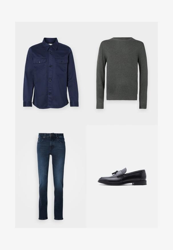 Mørkeblå langærmet skjorte med knaplukning foran og to brystlommer med knaplukning, vist på hvid baggrund.; Mørkegrå crew neck langærmet sweater med ribbede manchetter og kant, præsenteret på hvid baggrund.; Mørkeblå denim jeans med lige ben-design, fem-lomme stil, frontknaplukning og subtilt slid på lårene.; Sort læderloafer med tekstureret gråt stofpanel og kvastdetalje, lav hæl og rundet tå, vist fra siden mod en hvid baggrund.