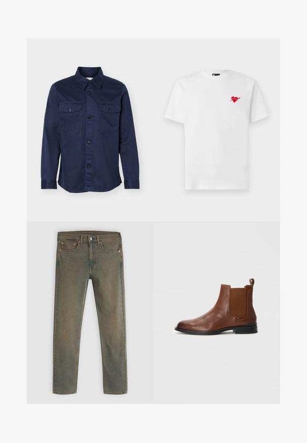 Dunkelblaues Langarmhemd mit durchgehender Knopfleiste und zwei knöpfbaren Brusttaschen, präsentiert vor weißem Hintergrund.; Weißes Baumwoll-T-Shirt mit Rundhalsausschnitt und kurzen Ärmeln, das auf der linken Brust ein kleines rotes Herz mit einem Pfeil-Graphic zeigt.; Dunkelgrüne Denim-Jeans mit geradem Beinanschnitt, fünf Taschen und Kupferhardware-Akzenten. Die verblasste Textur verleiht ein abgenutztes Aussehen.; Braune Leder-Chelsea-Boots mit elastischen Seitenpaneelen, abgerundeter Zehenpartie, Zuglasche und einer schwarzen Gummisohle. Glatte Textur mit minimaler Gestaltung.