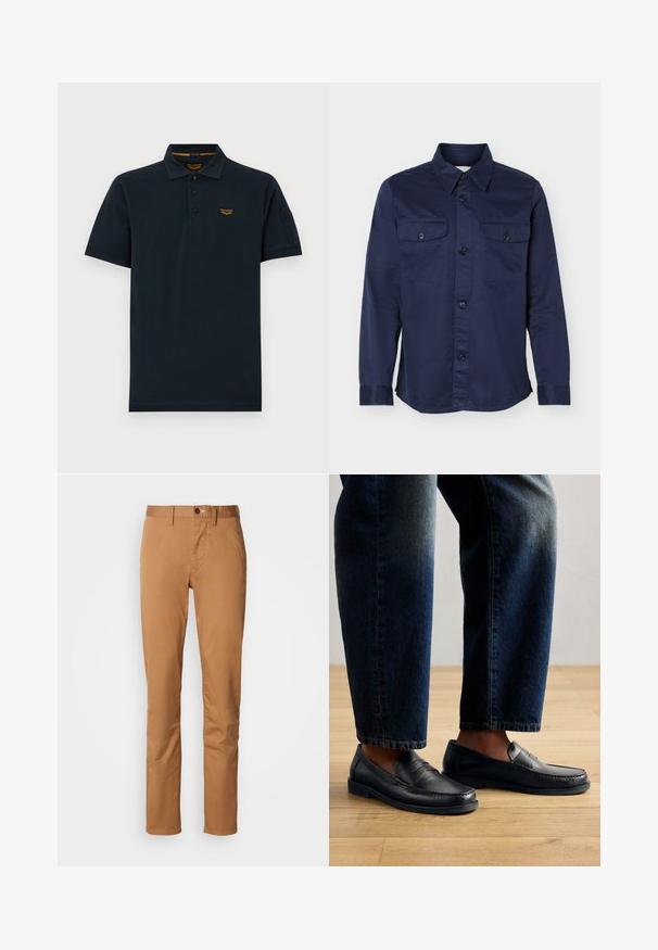 Navyblauw shirt met lange mouwen, knopen aan de voorkant en twee borstzakken met knopen, weergegeven op een witte achtergrond.; Donkerblauw poloshirt met korte mouwen, drie knopen, kraag en klein oranje PME Legend-logo op de linkerborst.; Slim-fit kaki broeken met knoop- en ritssluiting, ceintuurlussen en zijzakken op een witte achtergrond.; Zwarte leren instappers met gestikte details en textuurelementen, gedragen met donkerdenim, die een casual en gestroomlijnd ontwerp tonen.
