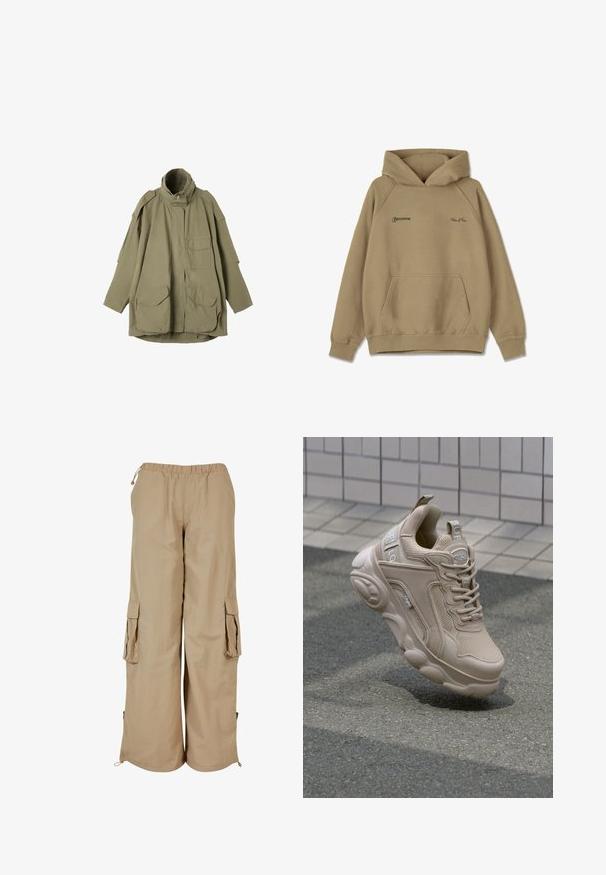 Olivengrøn langærmet jakke med høj krave, forreste lynlås og flere klaplommer på brystet og nederste front.; Beige hættebluse i fleece materiale, med en frontlomme, ribbede mansjetter og broderede logoer på brystet.; Beige cargo bukser med elastisk talje, to sidelommer og mesh-detaljer; fremstillet af letvægts, tekstureret stof.; Beige atletisk sko med overdel i mesh og syntetisk materiale, polstret krave og kraftig sål med strukturerede detaljer. Branding synlig på siden.
