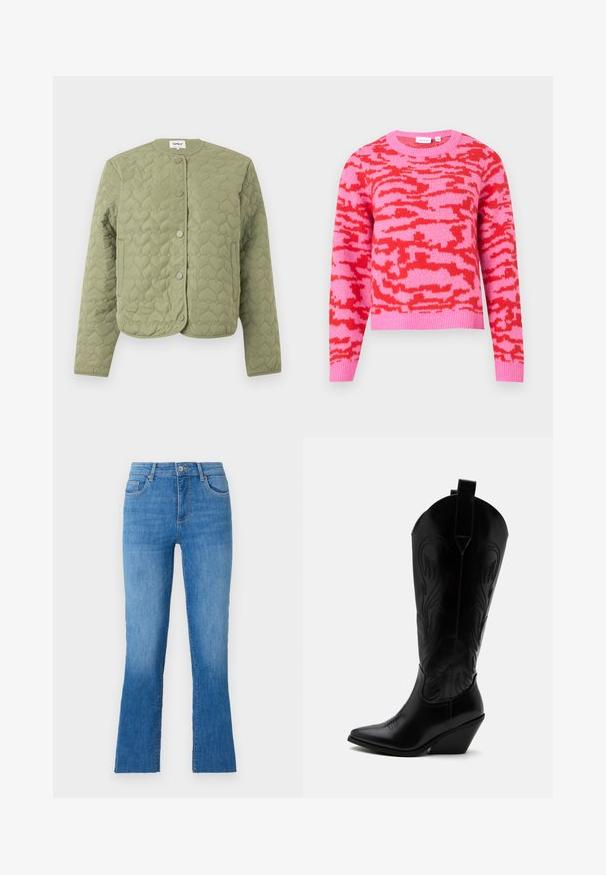 Hellgrüne gesteppte Jacke mit herzförmiger Steppung, rundem Ausschnitt, langen Ärmeln, Front mit Druckknöpfen und zwei seitlichen Taschen.; Rosa Pullover mit abstraktem rotem Muster, Rundhalsausschnitt, langen Ärmeln und geripptem Saum. Hergestellt aus weichem Strickstoff.; Blaue Jeans aus Denim mit ausgestelltem Bein, featuring eine mittlere Taille, fünf Taschen und einem klassischen silbernen Knopfverschluss. Glatte Textur.; Schwarzer Leder-Cowboystiefel mit spitzer Zehe, schrägem Blockabsatz, dekorativer Naht und Zuglaschen oben vor weißem Hintergrund.