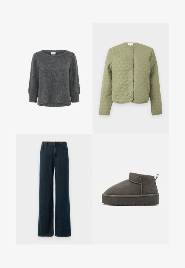 Hellgrüne gesteppte Jacke mit herzförmiger Steppung, rundem Ausschnitt, langen Ärmeln, Front mit Druckknöpfen und zwei seitlichen Taschen.; Kaffe KABETTY - Strickpullover - grey melange; Hellebeinen, dunkelblaue Jeans aus Denim mit hoher Taille, Fünf-Taschen-Design und subtilen Nähdetails. Der Stoff hat eine glatte Textur.; Grau Wildleder Stiefeletten mit runder Zehe, kurzem Schaft und dicker Gummisohle. Verfügt über eine Schlaufe als Zuglasche an der Rückseite und tonales Nähen.