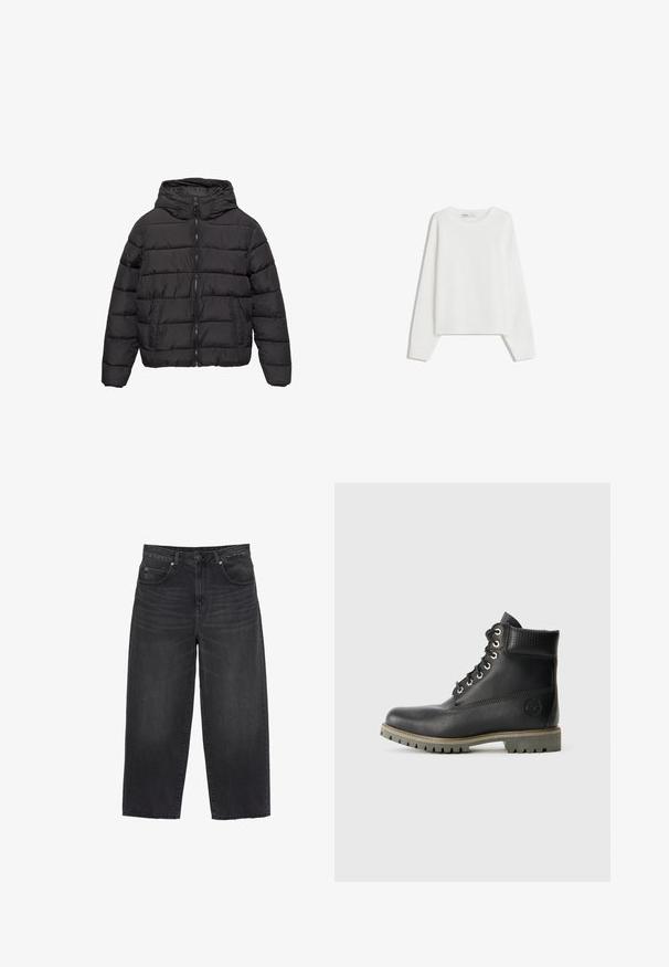 Schwarze Steppjacke mit Kapuze, ausgestattet mit einem durchgehenden Reißverschluss, horizontalem Steppmuster, zwei vorderen Taschen und einer robusten Stoffstruktur.; Weißer Strickpullover mit langen Ärmeln, Rundhalsausschnitt, gerippten Bündchen und Saum. Weiche Textur, lockere Passform, keine sichtbaren Muster oder Akzente.; Schwarze Jeans mit weitem Bein und hoher Taille, vorne mit Knöpfen und Reißverschluss, Gürtelschlaufen sowie Taschen vorne und hinten.; Schwarze Leder-Stiefelette mit Schnürdesign, gepolstertem Kragen und strukturiertem Einsatz. Verfügt über eine robuste Sohle und ein geprägtes Logo an der Seite.