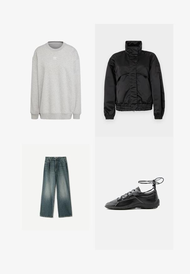 Sort polstret jakke med høj krave, tryknapper, elastiske manchetter og en tætsiddende kant. Glat tekstur og minimalistisk design.; Grå sweatshirt lavet af blødt stof, med rund hals, lange ærmer, ribbede manchetter og kant, samt et lille hvidt logo på forsiden.; Bredde ben denim jeans i falmet blå vask, med fem lommer, knaplukning og subtile slidser foran.; Sort lædersneaker med hvide syninger og snørebånd, der vikler om anklen, set fra siden på en grå baggrund.