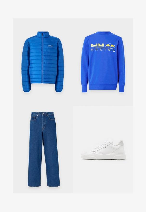 Blaue, gepolsterte Jacke mit horizontalem Steppmuster, hohem Kragen und durchgehendem Reißverschluss. Mit "Red Bull Racing"-Logo auf der Brust.; Blauer Pullover aus Baumwolle mit einem gerippten Rundhalsausschnitt und langen Ärmeln. Auf der Vorderseite ist ein großes gelbes "Red Bull Racing"-Logo abgedruckt.; Weite blaue Jeans aus Denim mit hoher Taille, Fünf-Taschen-Design und Kontrastnähten entlang der Nähte und Taschen.; Weiße Leder-Sneaker mit glatter Oberfläche, rundem Zehenbereich, flachen Schnürsenkeln und strukturiertem Schuhsohlen. Graues Wildleder-Detail an der Ferse.