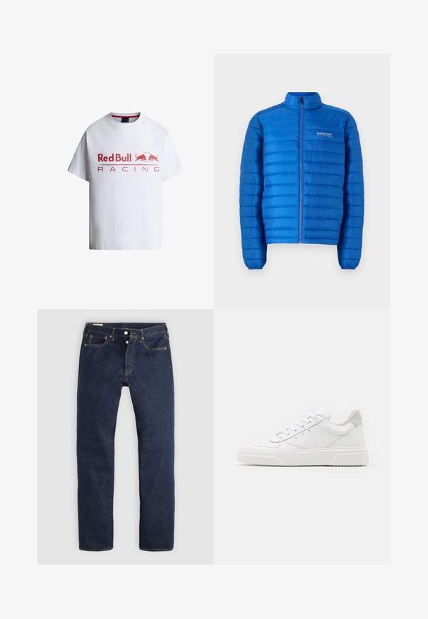 Blaue, gepolsterte Jacke mit horizontalem Steppmuster, hohem Kragen und durchgehendem Reißverschluss. Mit "Red Bull Racing"-Logo auf der Brust.; Weißes T-Shirt mit kurzen Ärmeln mit rotem "Red Bull Racing" Text und zwei roten Stieren, die sich auf dem vorderen runden Logo gegenüberstehen.; Dunkelblaue Jeans mit geradem Bein, Knopfleiste, Vorder- und Gesäßtaschen sowie kontrastierender Naht, flach auf hellem Hintergrund liegend.; Weiße Leder-Sneaker mit glatter Oberfläche, rundem Zehenbereich, flachen Schnürsenkeln und strukturiertem Schuhsohlen. Graues Wildleder-Detail an der Ferse.