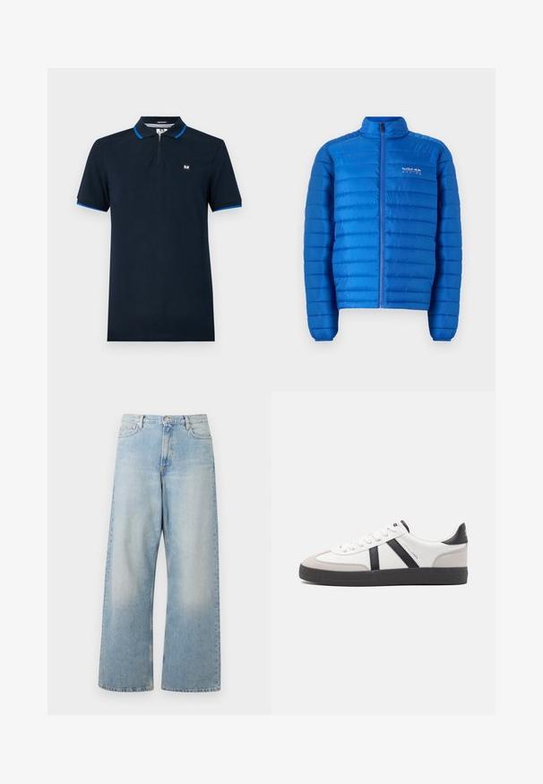 Blaue, gepolsterte Jacke mit horizontalem Steppmuster, hohem Kragen und durchgehendem Reißverschluss. Mit "Red Bull Racing"-Logo auf der Brust.; Navy-blaues Poloshirt aus glattem Stoff, mit einem Reißverschlusskragen, kurzen Ärmeln mit blauen Akzenten und einem kleinen Logo auf der Brust.; Helle blaue weit geschnittene Jeans aus Denim, mit hoher Taille, Fronttaschen und einem ausgewaschenen Look mit subtilen Abzeichen an den Oberschenkeln.; Weiße Sneaker mit schwarz- und grau-aczenten, ausgestattet mit einer strukturierten grauen Zehenkappe, schwarzer Gummi-Sohle und flachen weißen Schnürsenkeln. Sauberes Design, minimalistische Stil.