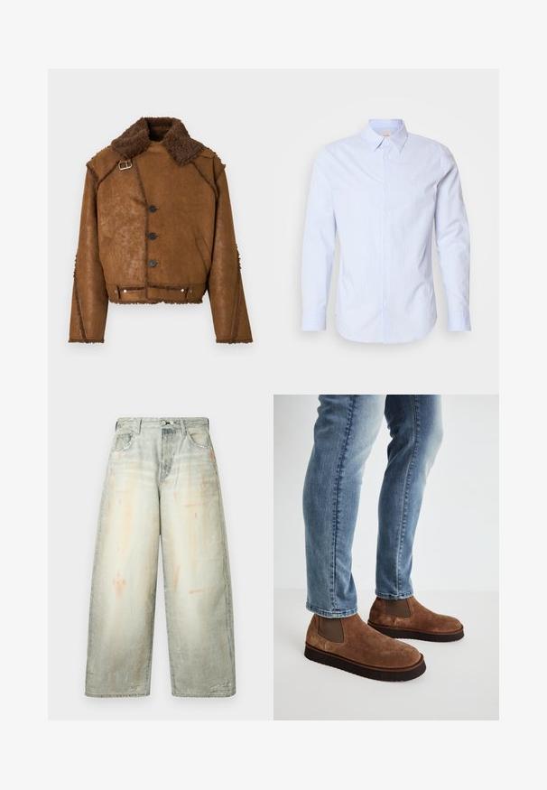 Bruine shearling jas met een zachte kraag, knoopsluitingen, zijzakken en contrasterende textuur langs de naden en zoom.; Lichtblauw overhemd met knopen, met dunne verticale strepen, lange mouwen en een klassieke kraag. Heeft een klein logo op de borst.; Wijd uitlopende vervaagde grijze denim jeans met hoge taille, knoopsluiting aan de voorkant, zakken en subtiele distressed details.; Bruine suède enkellaarsjes met elastische zijpanelen, dikke zwarte rubberen zolen, gedragen met lichtblauwe slim-fit jeans.