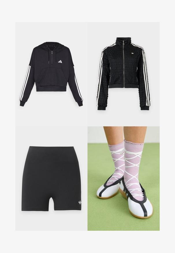 Chaqueta de chándal negra con textura, cremallera, cuello alto, triple raya blanca en las mangas y pequeño logotipo blanco de Adidas en el pecho.; Sudadera corta negra hecha de tejido suave, con un bolsillo frontal, cierre de cremallera y rayas blancas a lo largo de las mangas y un logo en el pecho.; Pantalones cortos deportivos negros de talle alto con un pequeño logo blanco de Adidas trefoil en la parte inferior derecha de la pierna sobre un fondo liso.; Piernas con calcetines lavanda acanalados con tiras blancas cruzadas combinados con bailarinas blancas con ribete negro sobre un suelo verde.