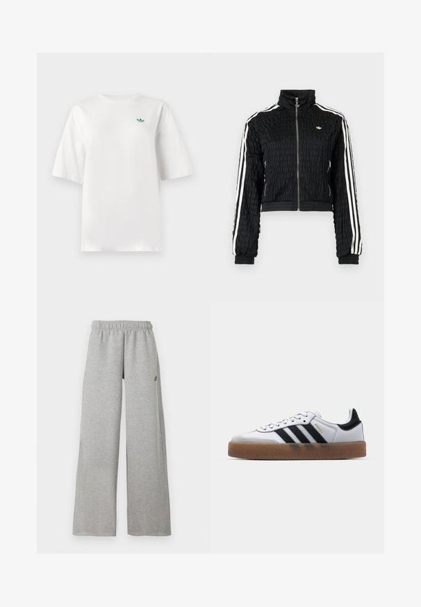 Čierna textúrovaná tréningová bunda so zipsom a vysokým golierom, biele trojité pruhy na rukávoch a malé biele logo Adidas na hrudi.; Biela tričko vyrobené z bavlny, s krátkymi rukávmi a okrúhlym výstrihom. Malé zelené logo je umiestnené na ľavej strane hrudníka.; Svetlosivé široké teplákové nohavice s elastickým pásom a malým čiernym logom Adidas na pravom stehne.; Biele kožené tenisky s čiernymi pruhmi, gumová podrážka, okrúhla špička, šnurovanie a mäkký sivý semišový špička.