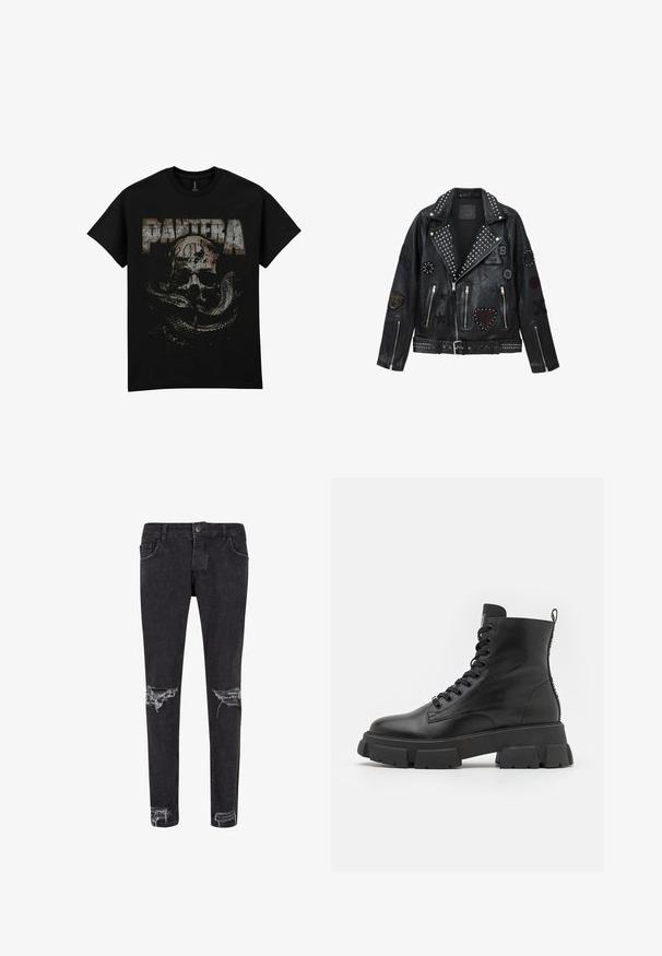Chaqueta de cuero negro estilo motorista con tachuelas plateadas, cremalleras y varios parches que incluyen un corazón, estrellas y motivos de animales.; Camiseta negra de algodón con un gráfico desgastado de un cráneo y una serpiente, con la palabra "PANTERA" en letras grandes y envejecidas.; Jeans de mezclilla negra con corte ajustado, que presentan parches desgastados en las rodillas y detalles deshilachados. Cintura estándar con cierre de botón y cinco bolsillos.; Botas de cuero negro hasta el tobillo con suelas de goma gruesa, puntera redonda y sistema de cordones en la parte frontal. Incluye una lengüeta y detalles texturizados en los costados.