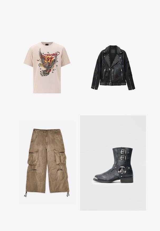 Sort læder bikerjakke med sølvnitter, lynlåse og forskellige patches, herunder et hjerte, stjerner og dyremotiver.; Beige bomulds t-shirt med et stort ørnergrafik med røde og gule accenter, "Ed Hardy" tekst og stjerner i et struktureret printdesign.; Brune cargobukser med store lommer, slidte stof på knæene, metalknapper langs talje- og lommekanter samt snore i kanten ved benene.; Sort læderankelstøvle med rundet tå, to remme med spænder, sølvfarvede metaldetaljer og lavt stablet hæl. Tekstureret finish.