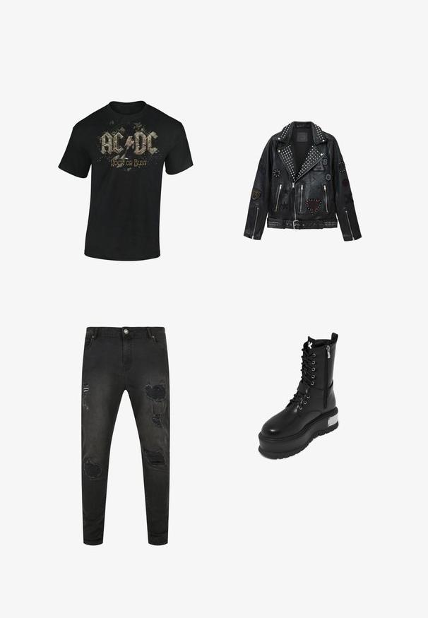 Zwarte leren motorjas met zilveren studs, ritssluitingen en diverse patches, waaronder een hart, sterren en dierenmotieven.; Zwarte katoenen t-shirt met een grafische print van "AC/DC" en "Rock or Bust" in vervaagde, gestileerde letters met spetteraccenten.; Zwarte denim jeans met een slim fit, met verouderde details, scheuren en vervaagde delen. Standaard vijf-pocket ontwerp met metalen knoopsluiting.; Zwarte faux leren gevechtslaars met een chunky platform, voorzien van een vetersluiting, ritssluiting en een metallic accent op de hak.