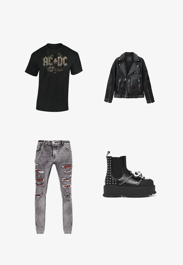 Sort læder bikerjakke med sølvnitter, lynlåse og forskellige patches, herunder et hjerte, stjerner og dyremotiver.; Sort bomulds t-shirt med grafisk print af "AC/DC" og "Rock or Bust" i slidte, stiliserede bogstaver med splatteraccents.; Grå slidte jeans med flere revner, der afslører rød og sort ternet stof nedenunder. Har en kædedetalje på siden og en tapered fit.; Sort platformstøvle med sølvnitter, kædedetaljer og en hvid kranie dekoration på frontpanelet.