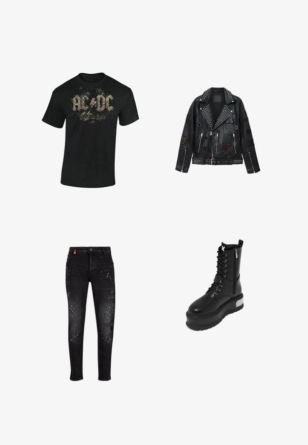 Sort læder bikerjakke med sølvnitter, lynlåse og forskellige patches, herunder et hjerte, stjerner og dyremotiver.; Sort bomulds t-shirt med grafisk print af "AC/DC" og "Rock or Bust" i slidte, stiliserede bogstaver med splatteraccents.; Sorte denimjeans med slidte lapper, hvide malingsplatter, lynlåsgylpter og et slim-fit design.; Sort faux læder kampstøvle med en chunky platform, der har snørebånd fortil, lynlås lukning og metallisk detalje på hælen.