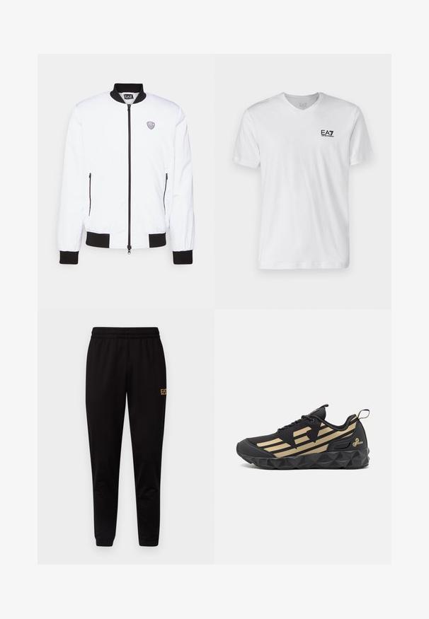 Hvid bomberjakke med sort krave og manchetter, lynlåslukning, to lynlåslommer på siden og et lille logo på venstre brystområde.; Hvid bomulds T-shirt med v-udskæring, korte ærmer, prydet med et sort EA7-logo på venstre bryst. Glat tekstur, enkelt design.; Sorte sweatpants med elastisk talje, tætsiddende manchetter og et lille gult logo på den øverste venstre ben. Blødt, glat stof.; Sort sportsko med et geometrisk design, gyldne accenter, struktureret sort sål og sorte snørebånd. Bemærkelsesværdige side striber i guld.