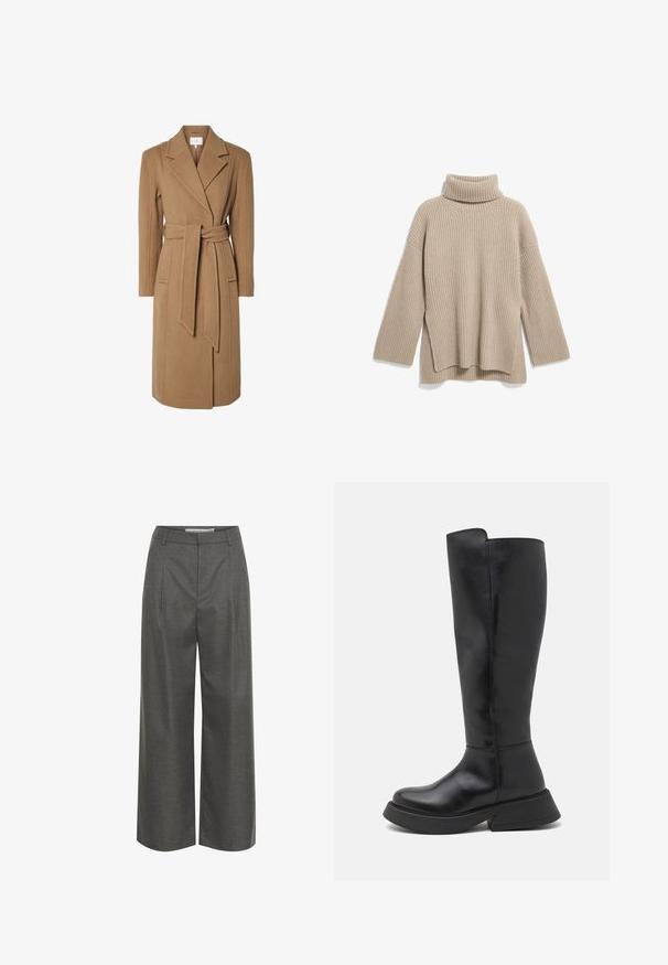 Brun, bælteholdt uldfrakke med spids krave, lange ærmer og lodrette sømme, der har et knælangt design og sidelommer.; Beige rillede turtleneck sweater med en afslappet pasform, der har lange ærmer og en sideslidskant, lavet af et blødt, tekstureret strikstof.; Grå brede bukser lavet af struktureret stof, med høj talje og frontfolder, uden synlige lommer eller hardware detaljer.; Bianco BIAHAILEY KNEE HIGH BOOT - Høje støvler/ Støvler - black