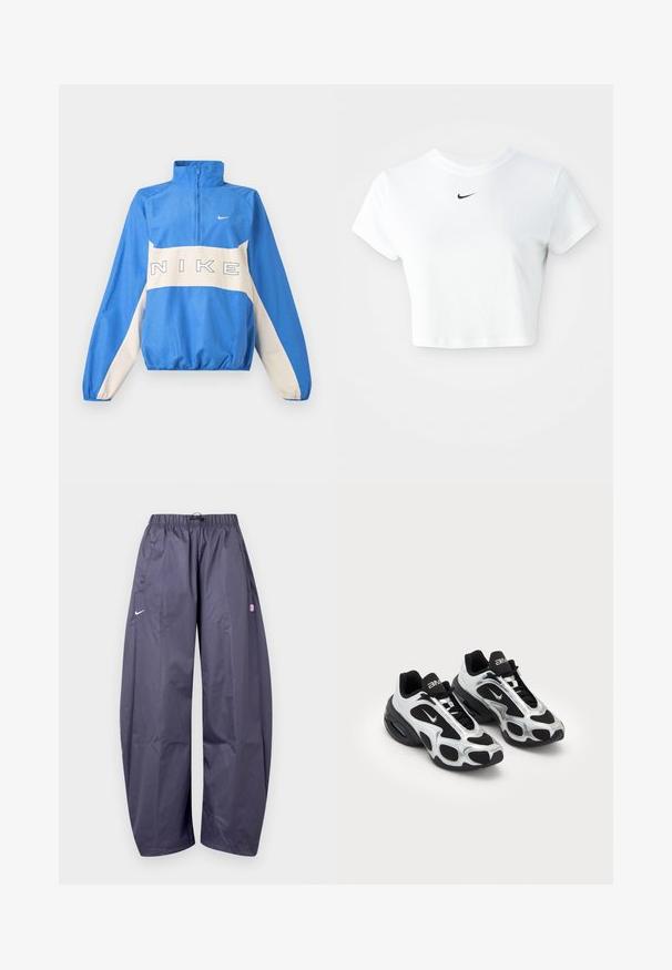 Modro-biela mikina Nike s polovičným zipsom, elastickými manžetami a lemom, s textom loga Nike cez hruď a malým symbolom Swoosh na ľavej strane.; Biely skrátený tričko vyrobené z bavlny, s krátkymi rukávmi a okrúhlym výstrihom, s čiernym logom Nike na hrudi.; Voľné tmavosivé teplákové nohavice Nike s elastickým pásom, bočnými vreckami a malým ružovým logom na pravom stehne.; Čierne a strieborné športové topánky s vrchnou časťou z sieťoviny a syntetických materiálov, ktorá sa vyznačuje výrazným vlnitým dizajnom a polstrovaným golierom, so vzduchovým odpružením v podrážke.