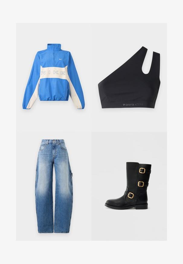 Sinine ja valge Nike poollukkuga pullover-jakk, elastsete varrukaotste ja äärega, rinnal Nike logo tekst ning vasakul väikese Swooshiga.; Mustmust mustriba asümmeetrilise disainiga, valmistatud siledast kangast. Omab laiu rihmasid ja lõiget, hemmas "7 DAYS ACTIVE" logo.; Heledad sinine lai jalad, valmistatud denimist. Omab kõrget vööd, kerget kulumist, suuri küljetaskuid ja kontrastseid õmbluste detaile.; Mustad musta nahast ankle boot kolme kullatooni nööbiga, tugeva tallaga ja sileda pinnaga. Omab ümarat varbaosa ja keskmise kõrgusega plokk-kanda.