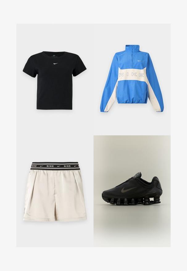 Blå og hvid Nike pullover jakke med halv lynlås, elastiske manchetter og kant, med Nike logo tekst tværs over brystet og en lille swoosh på venstre side.; Sort ribbet t-shirt med korte ærmer, der har et lille hvidt Nike-logo på brystet og en rund halsudskæring.; Lyse beige Nike-shorts med sort elastik i taljen med hvidt Nike-logo og swoosh-mønstre, vist mod en ensfarvet baggrund.; Sort Nike-sneaker med lynlåsfunktion øverst og karakteristisk fjederlignende opdelt sål, vist i sideprofil mod en neutral baggrund.