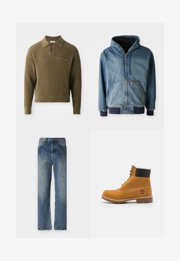 Denimjakke med hætte, med lynlås foran, to store forlommer og ribbede manchetter. Lys blå farve med mørk marineblå detaljer.; Strikket sweater i olivengrøn med et tekstureret mønster, krave og tre knaplukninger. Har ribbede manchetter og kant.; Blå denimjeans med lige ben, der har en falmet vask, bæltestropper, forlommer og en enkelt baglomme.; Brune læder ankelstøvle med metaløjer, hvid pelsforing, sort polstret krave, robust sål og præget logo på siden.