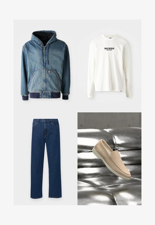 Denimjakke med hætte, med lynlås foran, to store forlommer og ribbede manchetter. Lys blå farve med mørk marineblå detaljer.; Hvid langærmet ribbet sweatshirt med et sort logo "DICKIES" med "SINCE '22" nedenunder, rund hals og manchetter.; Mørkeblå straight-leg denim jeans med forhåndslommer og knaplukning, vist på en ensfarvet hvid baggrund.; Beige ruskind slip-on loafer med hvid gummisål, der svæver over en blank sølvfarvet flækket læderoverflade.