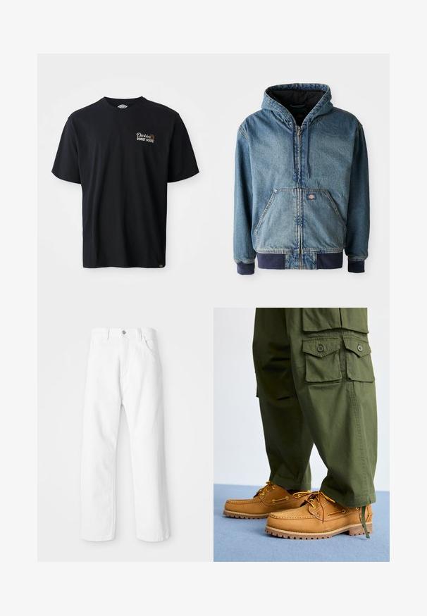 Denimjakke med hætte, med lynlås foran, to store forlommer og ribbede manchetter. Lys blå farve med mørk marineblå detaljer.; Sort bomulds t-shirt med korte ærmer. Udstyret med et broderet logo "Dickies Donut House" på venstre brystområde. Klassisk crew neck-design.; Hvide denimbukser med lige ben-design, der har en frontknap og lynlås lukning, fem lommer og en ren, tekstureret overflade.; Timberland AUTHENTIC 3 EYE - Sejlersko - wheat
