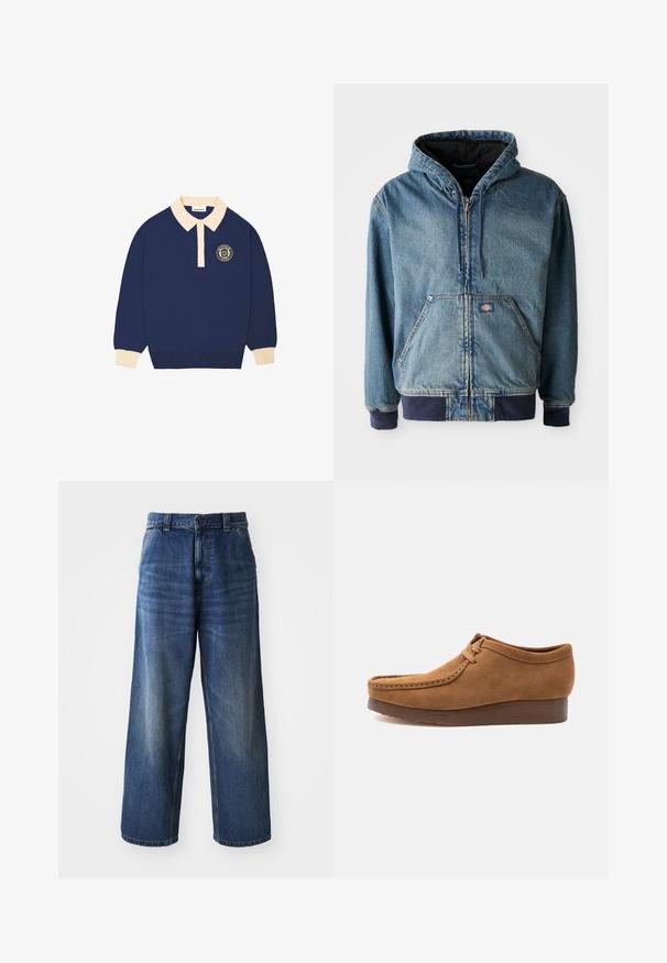 Chaqueta de mezclilla con capucha, presenta un cierre frontal con cremallera, dos grandes bolsillos frontales y puños acanalados. Color azul claro con acentos en azul marino oscuro.; Camisa polo de manga larga en color azul marino con collarete y puños en color beige, que presenta un emblema redondo con texto en el lado izquierdo del pecho.; Jeans de mezclilla azul de cintura alta con un diseño de pierna ancha, que presentan un ligero desvanecimiento, bolsillos delanteros y un cierre de botón en la cintura.; Zapato mocasín de ante marrón con cordones y suela gruesa y oscura, vista lateral sobre un fondo claro y liso.
