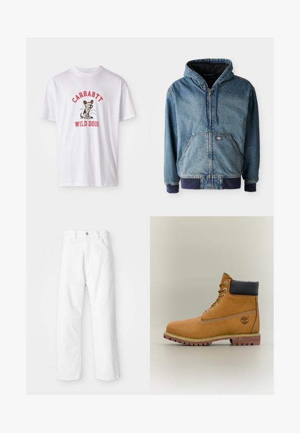 Denimjakke med hætte, med lynlås foran, to store forlommer og ribbede manchetter. Lys blå farve med mørk marineblå detaljer.; Hvid bomulds t-shirt med røde broderede tekst "CARHARTT WILD DOGS" og en tegneseriehund grafik foran. Korte ærmer, rund halsudskæring.; Hvide denimbukser med lige ben-design, der har en frontknap og lynlås lukning, fem lommer og en ren, tekstureret overflade.; Brun læderankelstøvle med sort krave, gule snørebånd og tanfarvet sål. Har logo og hvide syninger som detalje. Robust ydersål med greb.