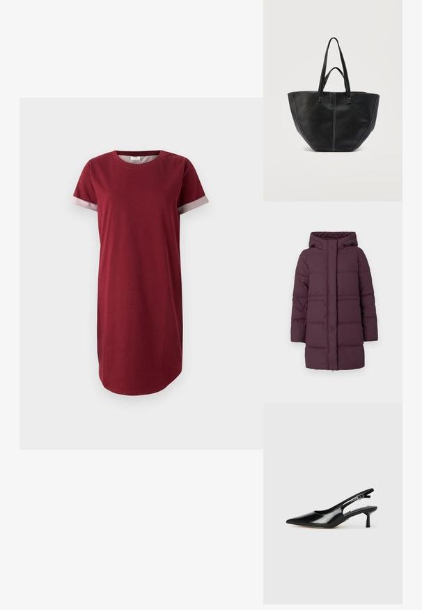 Lila Puffermantel mit Kapuze, mit gesteppten Bereichen, mittellanger Schnitt und einem Frontreißverschluss. Glatte, matte Textur im gesamten Mantel.; Burgunder T-Shirt-Kleid aus Baumwolle mit kurzen Ärmeln und grauen gemusterten Akzenten an den Manschetten. Verfügt über einen runden Ausschnitt und einen geraden Schnitt.; Schwarze Lackleder-Slingback-Absätze mit spitzer Zehe, dünnem Absatz und verstellbarem Schnallenriemen. Glatte Textur mit minimaler Ausstattung.; Schwarze Ledertasche mit zwei Griffen und kontrastierend weißer Naht, mit einer breiten, strukturierten Form und zentralen Nahtdetails.