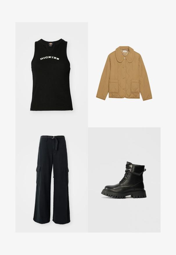 Veste beige matelassée avec un col arrondi, trois boutons et deux grandes poches avant ; texture lisse et couture en motif losange.; Débardeur noir sans manches avec une texture côtelée, arborant un logo blanc en courbe "DICKIES" sur la poitrine et un design en V.; Pantalons cargo larges noirs en coton avec ceinture à nouer, dotés de deux poches latérales et d'une texture de tissu lisse.; Bottines noires en cuir avec un bout arrondi, un laçage, des accents en métal argenté et une semelle en caoutchouc épaisse et crantée.