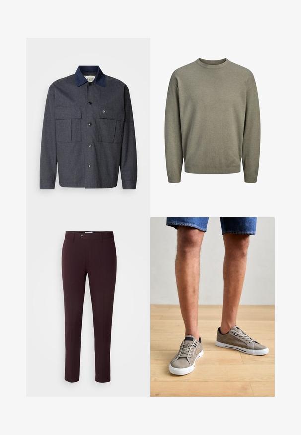 Scotch & Soda TRIMMED OVERSHIRT - Übergangsjacke - grey melange; Olivgrüner Rundhalsausschnitt-Pullover mit langen Ärmeln und gerippten Bündchen sowie Saum, vor weißem Hintergrund dargestellt.; Dunkelburgunderfarbene Hose im Slim-Fit-Schnitt, mit einem Knopfverschluss, Gürtelschlaufen und vorderen Bügelfalten. Glattes Material mit einem eleganten Design.; Graue Wildledersneaker mit weißen Gummisohlen, einem niedrigen Design und marineblauen Akzenten. Die Schnürsenkel und perforierte Details an den Seiten sind sichtbar.