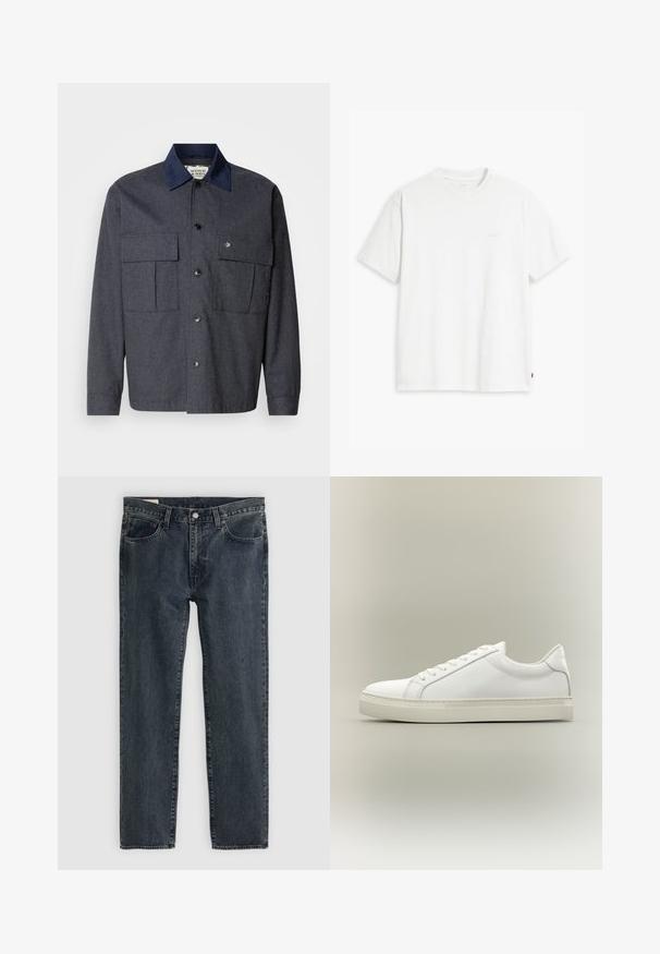 Scotch & Soda TRIMMED OVERSHIRT - Jas - grey melange; Wit katoenen T-shirt met korte mouwen, ronde hals en een subtiel "Levi's" logo in een lichte kleur op de voorkant gedrukt.; Donkerblauwe denim jeans met een recht model, vijf zakken en een knoopsluiting. De stof toont een subtiele vervaging en textuur.; Witte lage sneaker met veters aan de voorkant en dikke zool, zijaanzicht tegen een neutrale achtergrond.