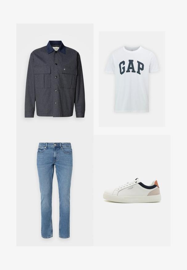 Scotch & Soda TRIMMED OVERSHIRT - Übergangsjacke - grey melange; GAP EVERYDAY SOFT BASIC LOGO - T-Shirt print - white global; Blaue gerade geschnittene Denim-Jeans mit Fronttaschen, Gürtelschlaufen und Knopfverschluss.; Weiße Leder-Sneaker mit einem Low-Top-Design, marineblauem Stoffakzent am Kragen und einem hellrosa Wildleder-Hackenteil. Gummisohle.