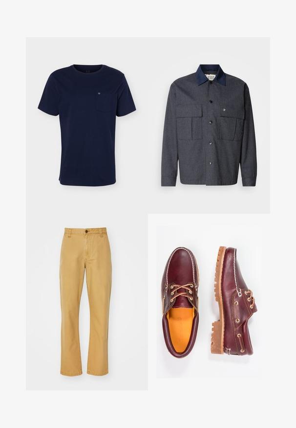 Scotch & Soda TRIMMED OVERSHIRT - Übergangsjacke - grey melange; Marineblaues T-Shirt mit kurzen Ärmeln und Rundhalsausschnitt mit einer Brusttasche, die ein kleines Logo auf einfarbigem Hintergrund zeigt.; Beige Baumwoll-Chinos mit geradem Schnitt, ausgestattet mit einem Knopfverschluss, Gürtelschlaufen und genähten Details am Saum.; Bordeauxfarbene Lederschuhe mit braunen Gummisohlen, runder Zehenform, weißen Nähten und goldenen Ösen. Das Innenfutter weist eine gelbe Beschichtung auf.