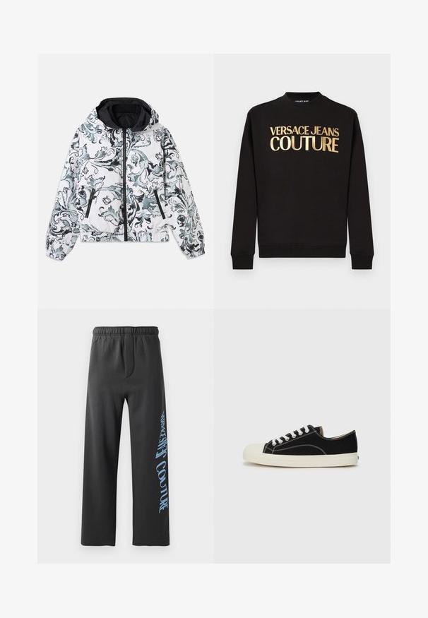 Hættejakke i hvid med sort og grå blomstret barok mønster, lynlås foran, lynlåslommer på siden og elastiske manchetter og kant.; Sort langærmet sweatshirt med ribbet manchetter og guldtryk med teksten "VERSACE JEANS COUTURE" på brystet.; Sorte sweatpants lavet af blødt stof, med en løs pasform og elastisk talje. Bemærkelsesværdig blå trykt tekst langs siden.; Sorte lærredssneakers med hvid syning, en rund gummitå, og hvide snørebånd. Har en tekstureret stofoverdel og en beige sål.