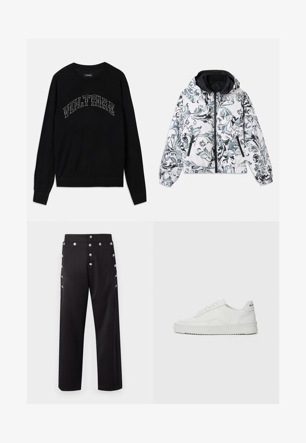 Hættejakke i hvid med sort og grå blomstret barok mønster, lynlås foran, lynlåslommer på siden og elastiske manchetter og kant.; Sort sweater med rund hals og lange ærmer. "VOLTAIRE" i kontrasterende syning hen over brystet. Blød tekstur og tætsiddende design.; Sorte bukser med lige snit, lavet af glat stof. Pyntet med sølvknapper langs siden for ekstra detalje.; Hvide lædersneakers med en glat overflade, rund tå, flade snørebånd og en tekstureret sål. Har et diskret logo på hælen.
