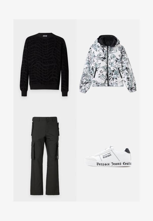 Kapuzenshirt in Weiß mit schwarzem und grauem floralem Barockmuster, Frontreißverschluss, seitliche Reißverschlusstaschen und elastischen Bündchen sowie Saum.; Schwarzes Sweatshirt mit einem strukturierten Muster, das wiederholte Branding-Elemente aufweist. Lange Ärmel, runder Halsausschnitt sowie gerippte Bündchen und Saum.; Schwarze Cargo-Hose mit geradem Bein, ausgestattet mit mehreren Seitentaschen und einem Knopfverschluss. Hergestellt aus strapazierfähigem Gewebe mit glatter Textur.; Weiße Sneakers mit strukturierter Oberfläche, schwarzen Akzenten und markantem "Versace Jeans Couture"-Schriftzug entlang der Sohle und der Seiten.