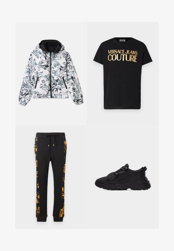 Witte hooded jas met zwart en grijs bloemen barokpatroon, ritssluiting aan de voorkant, ritssluitingen aan de zijkanten en elastische manchetten en zoom.; Zwart T-shirt met korte mouwen, voorzien van grote metallic gouden tekst "Versace Jeans Couture" op de voorkant en een ronde hals.; Zwarte joggingbroek met een gouden bloemenpatroon aan de zijkant, met een getailleerde vorm en elastische boorden. Gemaakt van zacht katoen.; Zwarte grove sneaker met mesh- en leren panelen, dikke gestructureerde zool, vetersluiting en een band met metalen studs over de veters.