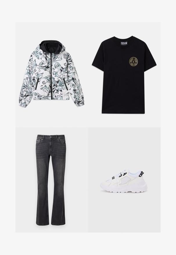 Kapuzenshirt in Weiß mit schwarzem und grauem floralem Barockmuster, Frontreißverschluss, seitliche Reißverschlusstaschen und elastischen Bündchen sowie Saum.; Schwarzes Baumwoll-T-Shirt mit Rundhalsausschnitt und kurzen Ärmeln. Besitzt ein goldfarbenes, rundes Logo auf der linken Brust. Einfaches, unauffälliges Design.; Schwarze Jeans aus Denim mit ausgestelltem Design, fünf Taschen und einem Metallknopfverschluss. Der Stoff hat eine glatte Textur mit dezentem Verblassen.; Weiße Sportsneaker mit klobiger Sohle, Obermaterial aus Mesh und Synthetik, schwarzen Akzentdetails und Schnürsenkeln. Strukturierte Gestaltung und Logo an der Ferse.