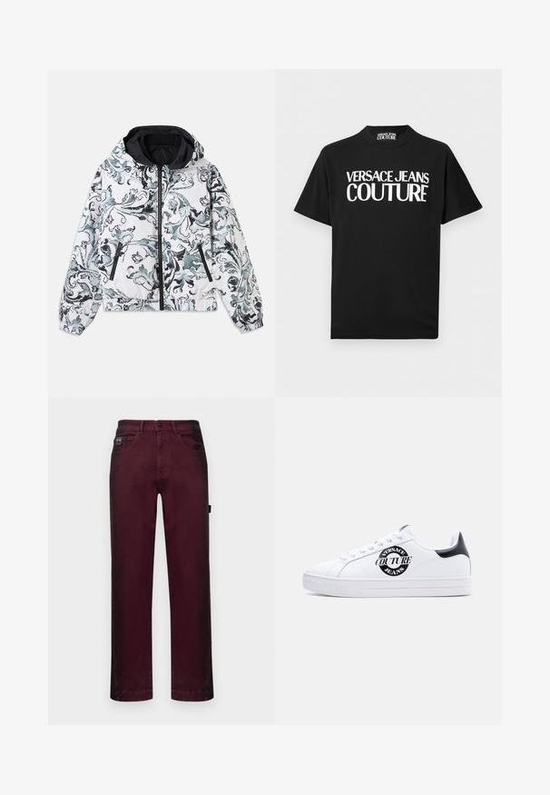 Hættejakke i hvid med sort og grå blomstret barok mønster, lynlås foran, lynlåslommer på siden og elastiske manchetter og kant.; Sort T-shirt med korte ærmer og fed hvid tekst "VERSACE JEANS COUTURE" centreret på fronten samt et matchende mærke inde i kraven.; Bordeaux denimbukser med lige pasform, fem lommer, metalknaplukning og bæltestropper til justerbar størrelse.; Hvid lavtop-sneaker med sort hælfane, sort cirkulært "Versace Jeans Couture"-logo på siden, hvide snørebånd og præget tekst på sålen.