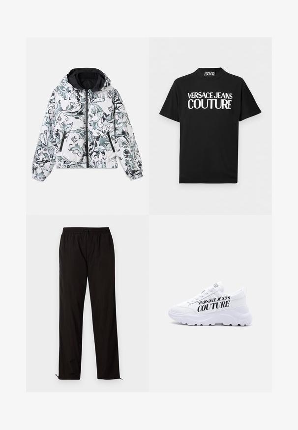 Hættejakke i hvid med sort og grå blomstret barok mønster, lynlås foran, lynlåslommer på siden og elastiske manchetter og kant.; Sort T-shirt med korte ærmer og fed hvid tekst "VERSACE JEANS COUTURE" centreret på fronten samt et matchende mærke inde i kraven.; Sorte letvægtsbukser med elastisk talje, snørrelseslukning og lynlåse i kanten for justerbar pasform. Glat, elegant tekstur.; Hvid chunky sneaker med tyk sål, snøredesign og "Versace Jeans Couture" trykt med fede sorte bogstaver på siden.