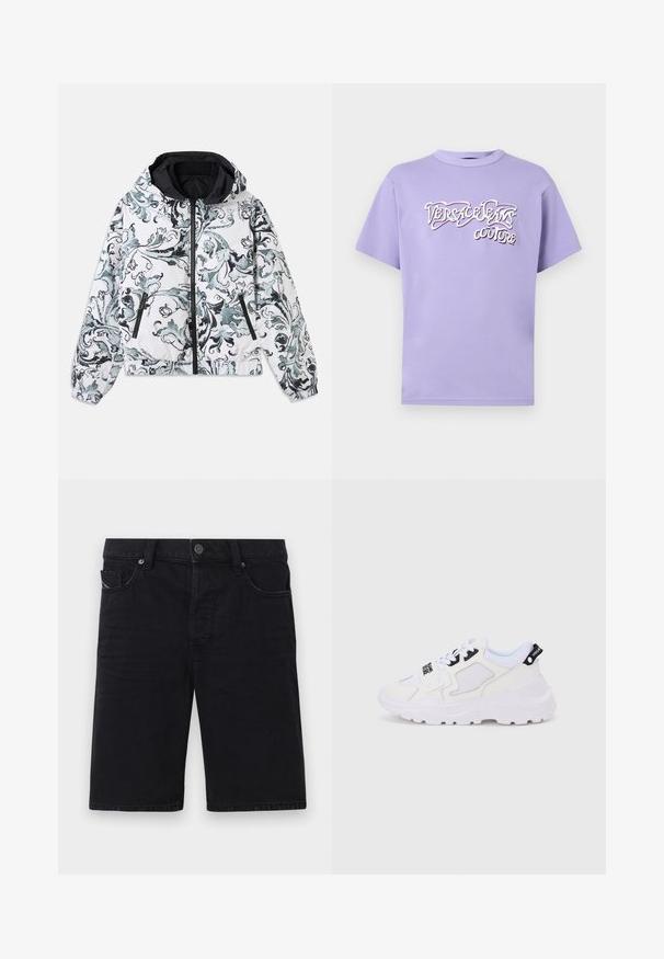 Witte hooded jas met zwart en grijs bloemen barokpatroon, ritssluiting aan de voorkant, ritssluitingen aan de zijkanten en elastische manchetten en zoom.; Lavendelkleurig T-shirt met korte mouwen en het witte en zwarte, reliefgedrukte "Versace Jeans Couture" logo gecentreerd op de borst.; Zwarte denim shorts met een rechte snit, vijf zakken, metalen accenten en zichtbare stiksels. Zachte textuur en eenvoudig ontwerp.; Witte sportieve sneakers met een dikke zool, bovenwerk van mesh en synthetisch materiaal, zwarte accenten en veters. Gestructureerd ontwerp en logo op de hiel.