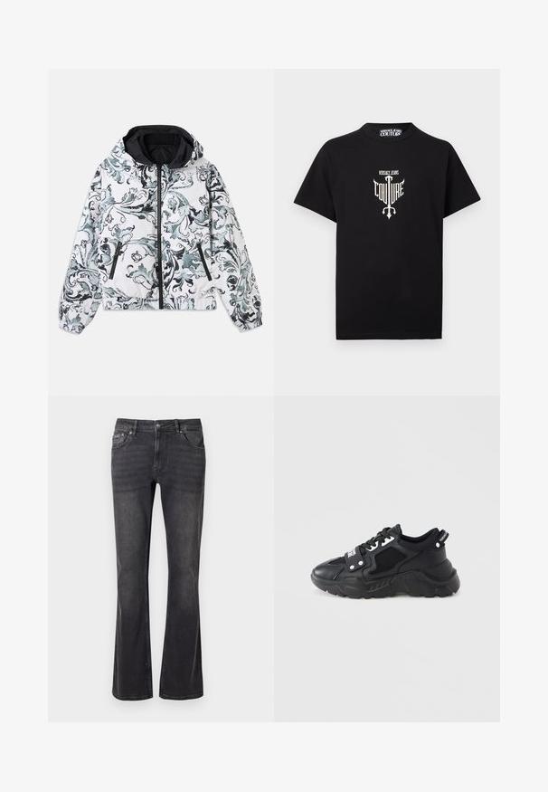 Hættejakke i hvid med sort og grå blomstret barok mønster, lynlås foran, lynlåslommer på siden og elastiske manchetter og kant.; Sort T-shirt med korte ærmer og hvidt "Versace Jeans Couture"-logo samt trefork-design placeret midt på brystet.; Sorte denimbukser med en flared design, fem lommer og metalknaplukning. Stoffet har en glat tekstur med subtil slid.; Sort sneaker med en kraftig sål, der har meshpaneler og læderdetaljer. Indeholder hvide snørebånd og mærke på siden.