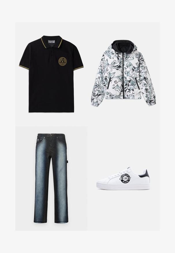 Kapuzenshirt in Weiß mit schwarzem und grauem floralem Barockmuster, Frontreißverschluss, seitliche Reißverschlusstaschen und elastischen Bündchen sowie Saum.; Schwarzes Poloshirt aus Baumwolle mit einem gelben gestreiften Kragen, einer Zwei-Knopf-Leiste und einem gestickten runden Logo auf der linken Brust.; Dunkelblaue Jeans mit Ombre-Design, das von tiefschwarz zu hellblau übergeht, mit klassischem Fünf-Taschen-Stil und hellem Waschungseffekt.; Weißer Sneaker mit niedrigem Schaft, schwarzem Fersenriemen, schwarzem runden "Versace Jeans Couture"-Logo an der Seite, weißen Schnürsenkeln und erhabenem Text auf der Sohle.