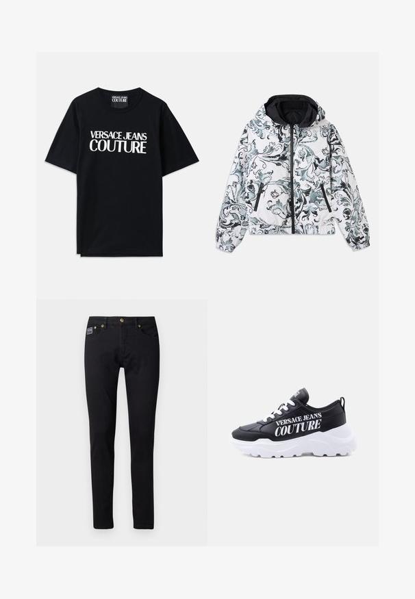 Witte hooded jas met zwart en grijs bloemen barokpatroon, ritssluiting aan de voorkant, ritssluitingen aan de zijkanten en elastische manchetten en zoom.; Zwarte katoenen t-shirt met korte mouwen, voorzien van grote witte tekst "VERSACE JEANS COUTURE" op de voorkant. Klassiek ontwerp met ronde hals.; Zwarte denim jeans met een slim fit, voorzien van goudkleurige hardware, vijf zakken en een klein merkembleem op de rechterzak.; Zwarte lage sneaker met dikke witte zool, witte veters en grote witte "Versace Jeans Couture" tekst aan de zijkant.