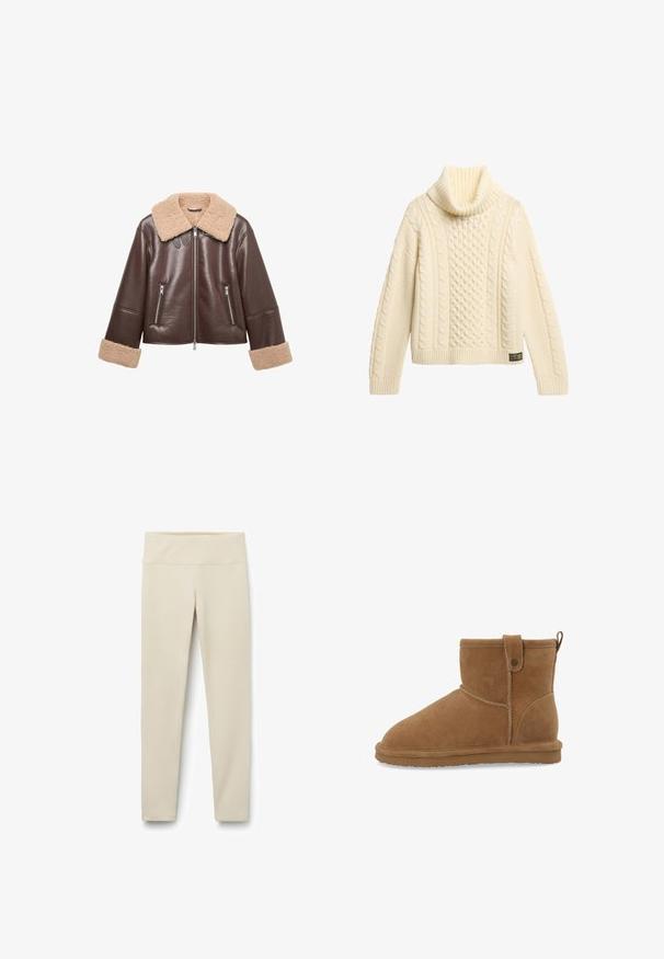 Chaqueta de cuero marrón con un cuello y puños de borrego color beige. Presenta bolsillos con cremallera y un cierre frontal con cremallera, ofreciendo una silueta corta.; Jersey de cuello alto de punto trenzado color crema con mangas largas y puños acanalados, que presenta una pequeña etiqueta negra y dorada cerca del dobladillo.; Leggings beige con una cinturilla alta y ancha, fabricados con una tela suave y elástica. Diseño de pierna recta sin costuras o patrones visibles.; Botas de tobillo de ante marrón con punta redondeada, detalle de botón lateral y una pestaña en bucle en la parte trasera para facilitar el calzado. Suela de goma plana.